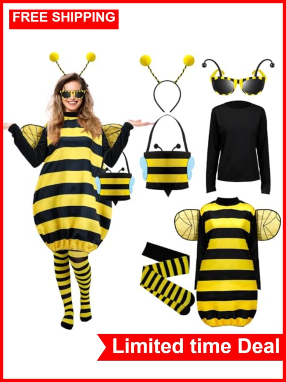 Women's Bee Costume Set with Wings, Headband, Tights, Glasses, Bag
